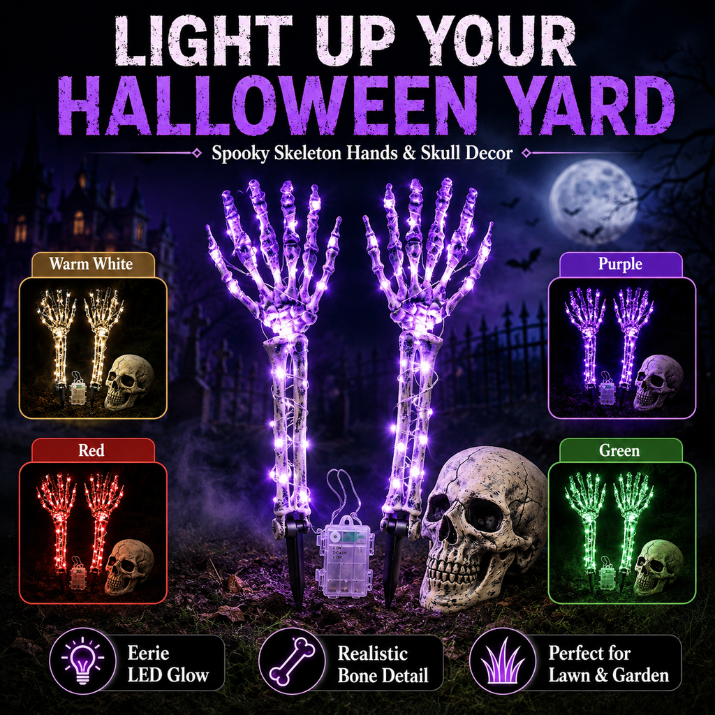 Halloween Skeleton Hands & Skull LED Yard Stakes