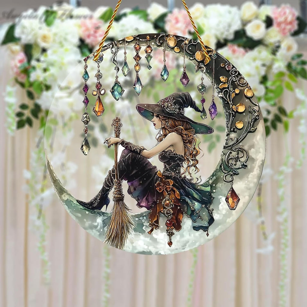 Halloween Charming Moonlight Witch Glass Window Hanging Sun Catcher