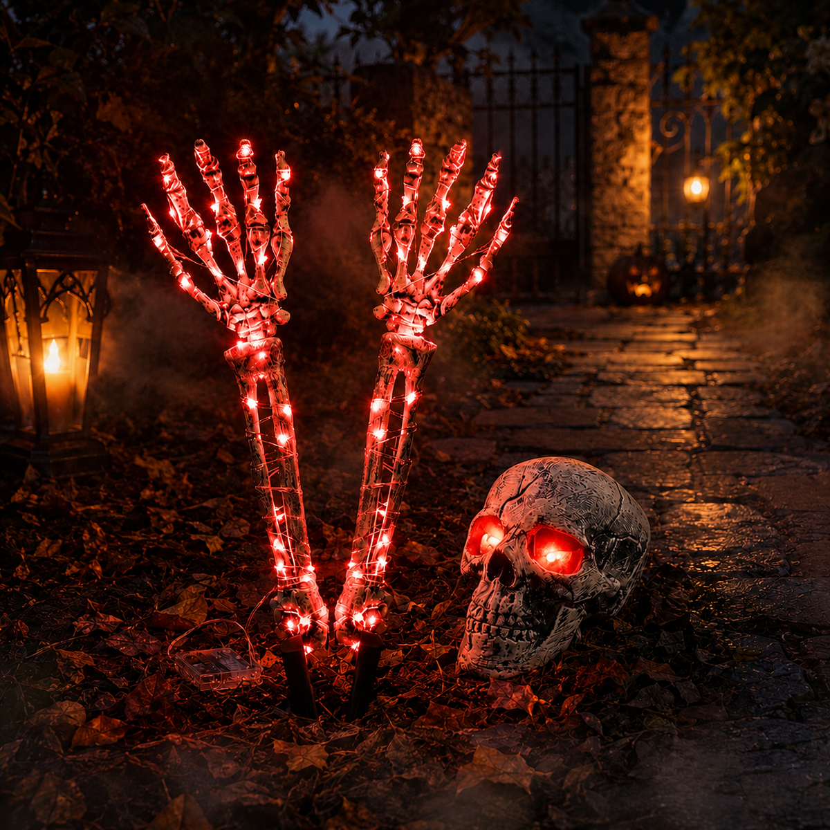 Halloween Skeleton Hands & Skull LED Yard Stakes