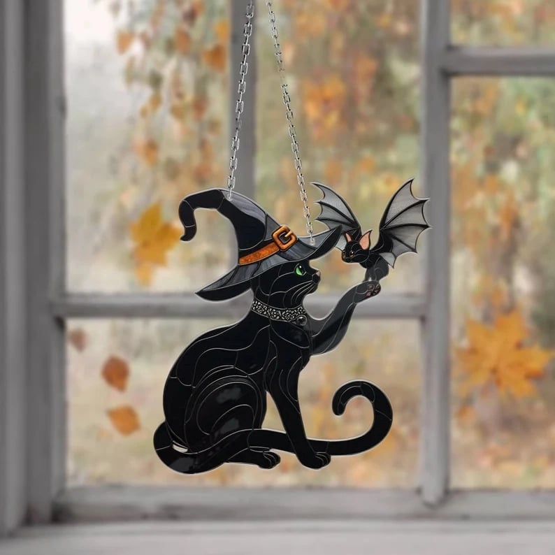 Fall Black Cat Touching Bat Window Hanging