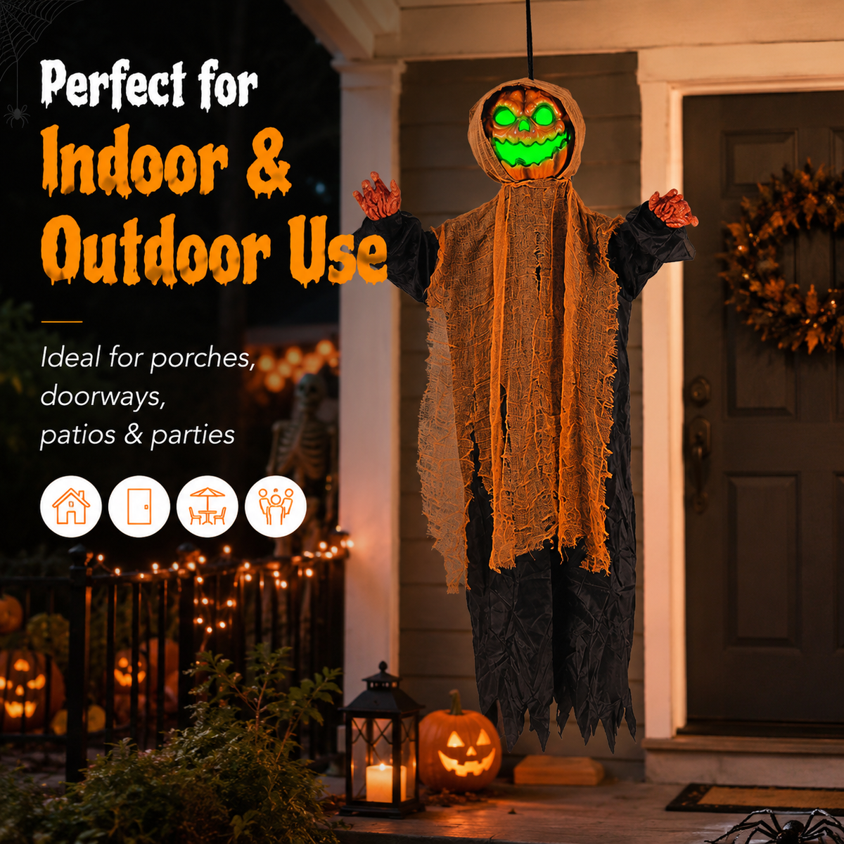 Light-Up Hanging Pumpkin Ghost Halloween Decoration