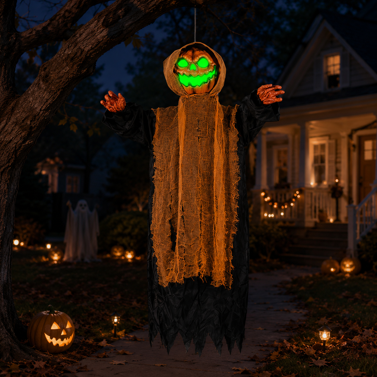 Light-Up Hanging Pumpkin Ghost Halloween Decoration