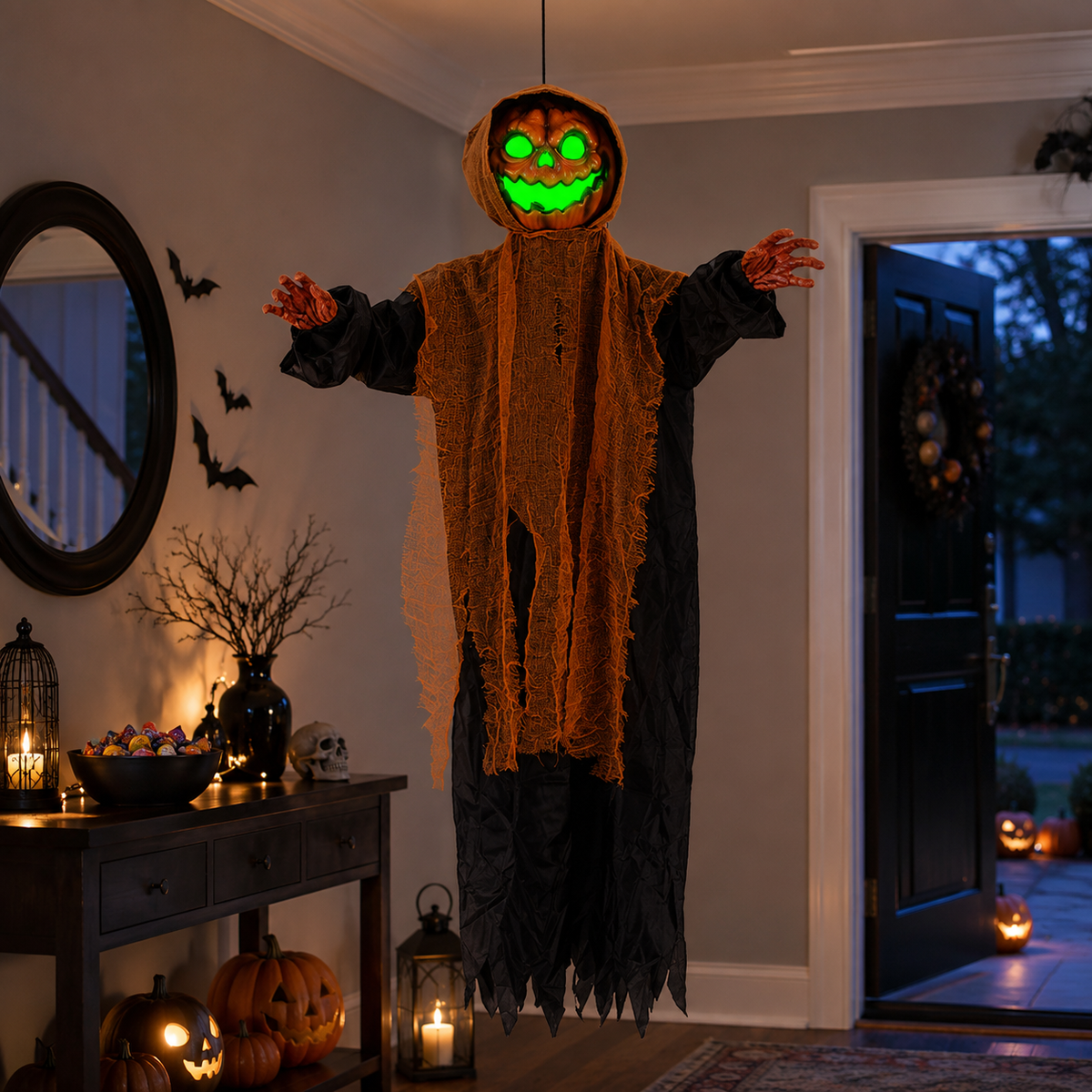 Light-Up Hanging Pumpkin Ghost Halloween Decoration