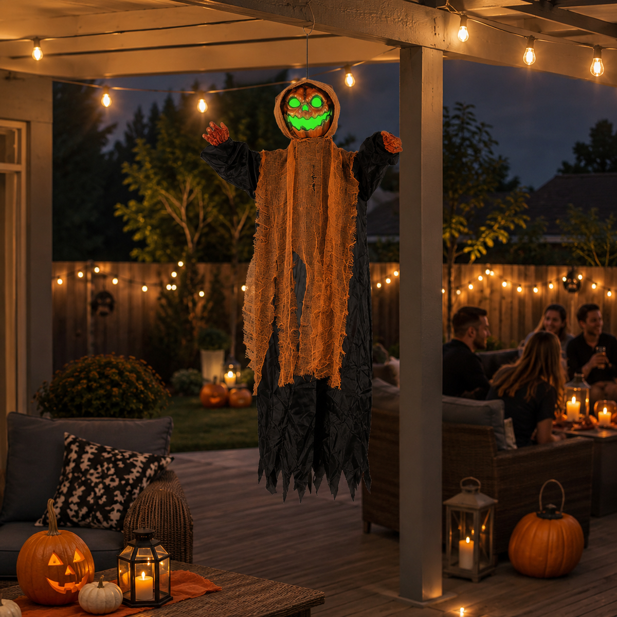Light-Up Hanging Pumpkin Ghost Halloween Decoration