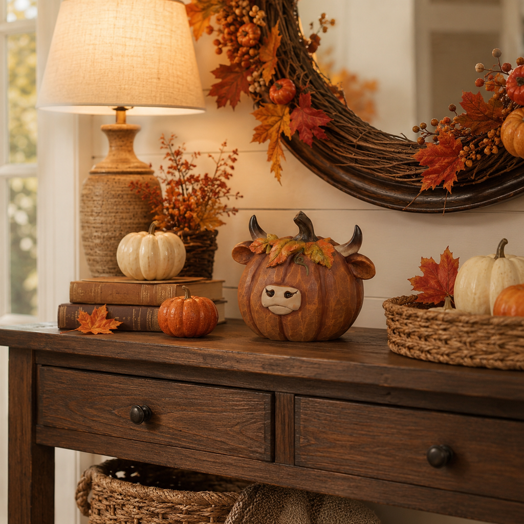 Highland Cow Pumpkin Collectible Decor, Hand-Painted Resin Fall Figurine