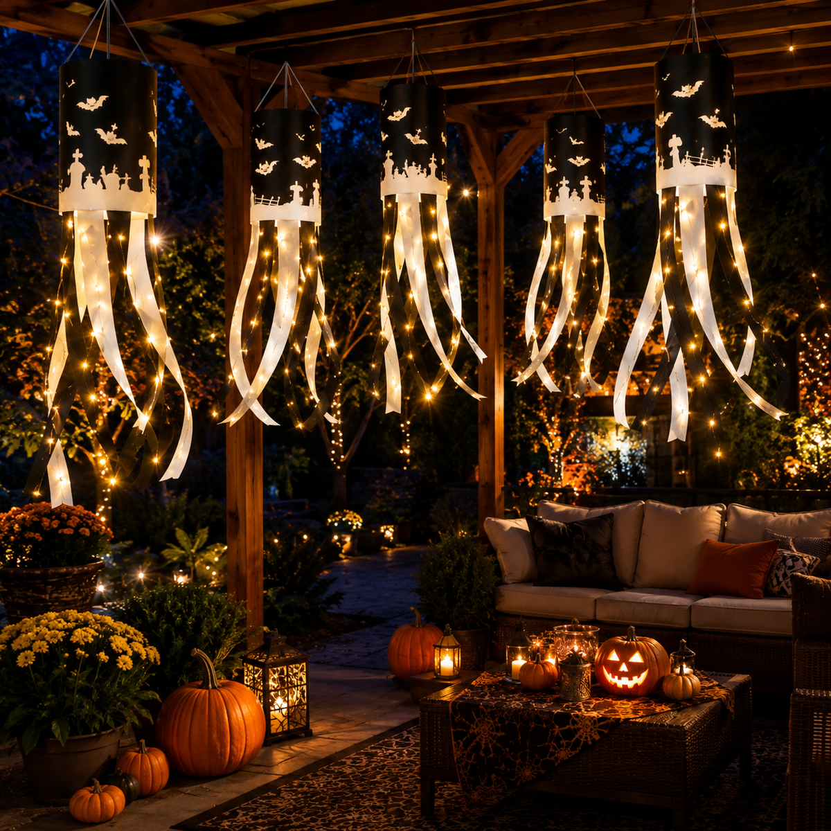 Halloween Hanging Windsock with Warm String Lights