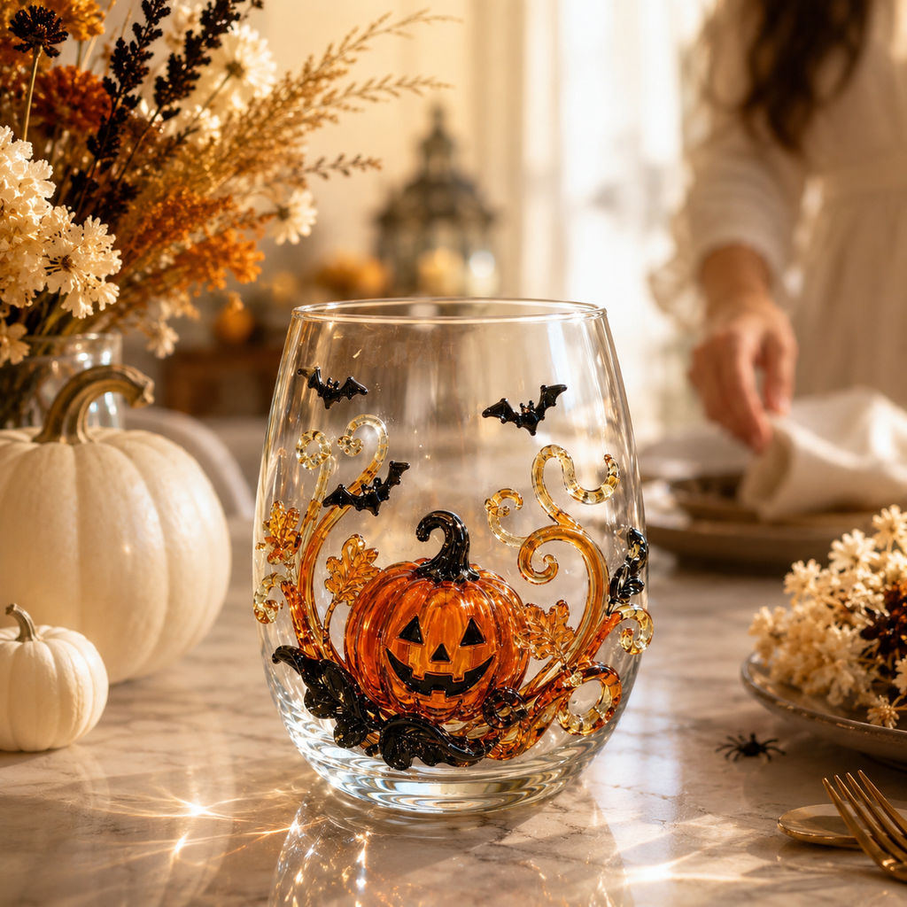 Halloween Glass Cup Set of 4, Embossed-Style Ghost Pumpkin Black Cat Spider Web Drinking Glasses