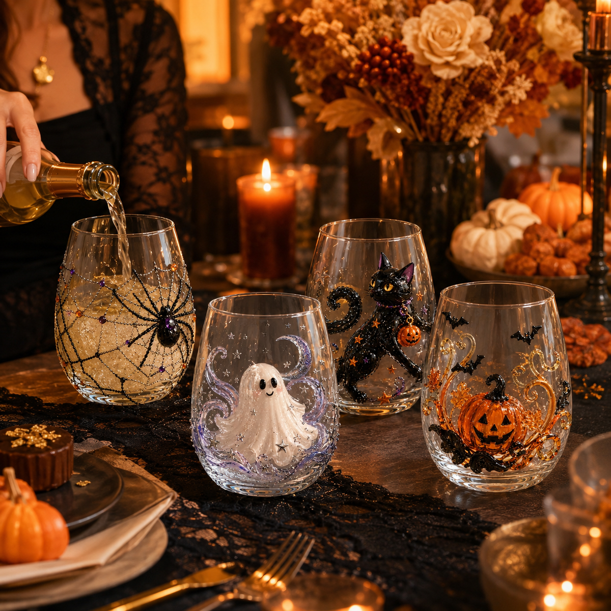 Halloween Glass Cup Set of 4, Embossed-Style Ghost Pumpkin Black Cat Spider Web Drinking Glasses