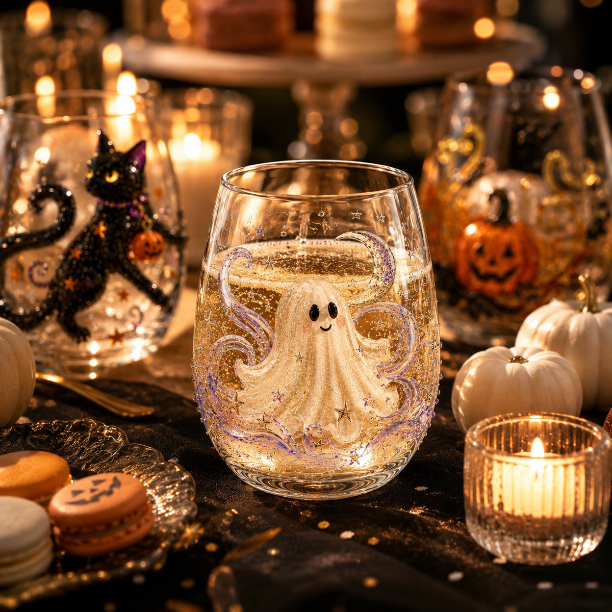 Halloween Glass Cup Set of 4, Embossed-Style Ghost Pumpkin Black Cat Spider Web Drinking Glasses