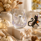 Halloween Glass Cup Set of 4, Embossed-Style Ghost Pumpkin Black Cat Spider Web Drinking Glasses