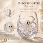 Halloween Glass Cup Set of 4, Embossed-Style Ghost Pumpkin Black Cat Spider Web Drinking Glasses