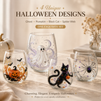 Halloween Glass Cup Set of 4, Embossed-Style Ghost Pumpkin Black Cat Spider Web Drinking Glasses