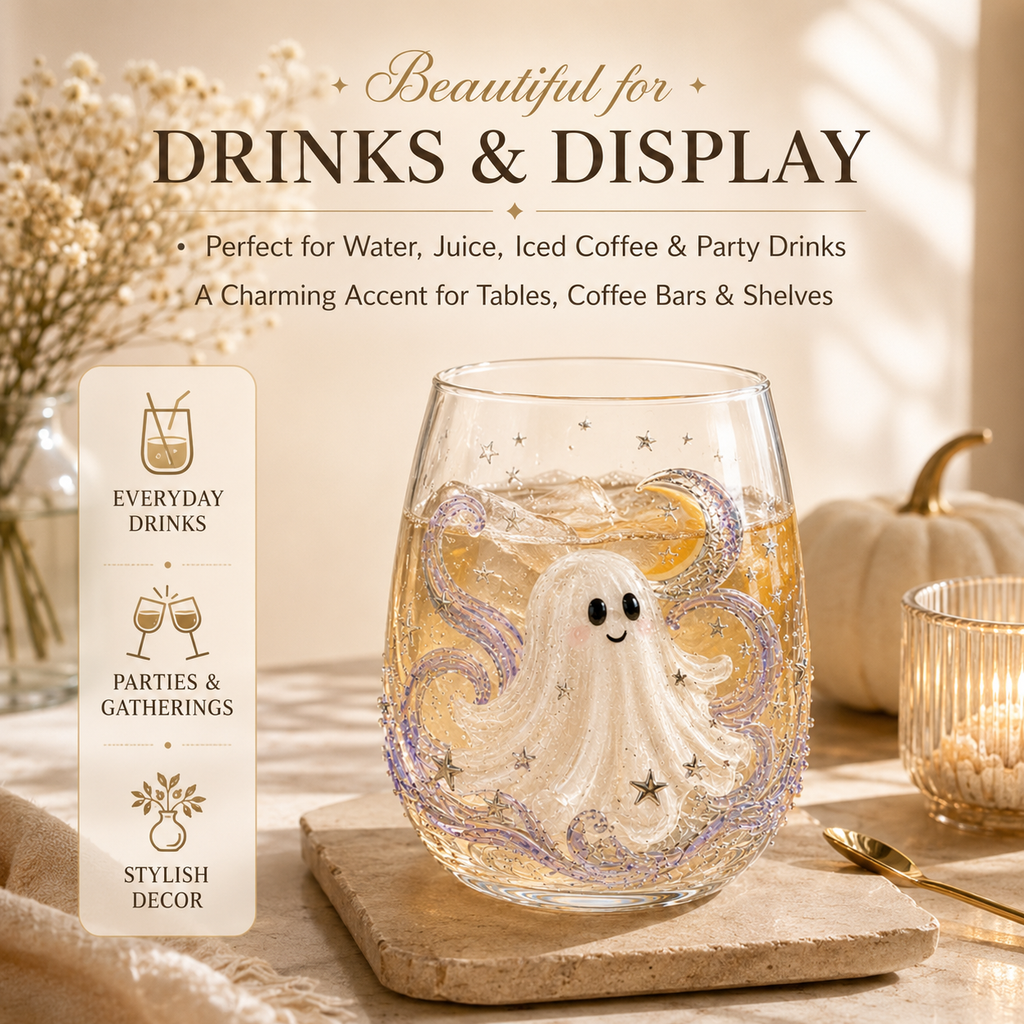 Halloween Glass Cup Set of 4, Embossed-Style Ghost Pumpkin Black Cat Spider Web Drinking Glasses