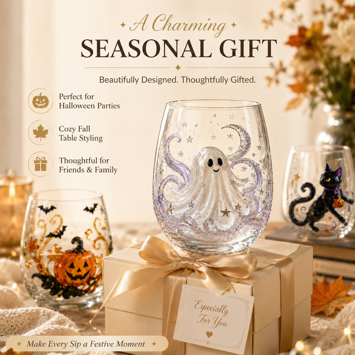 Halloween Glass Cup Set of 4, Embossed-Style Ghost Pumpkin Black Cat Spider Web Drinking Glasses