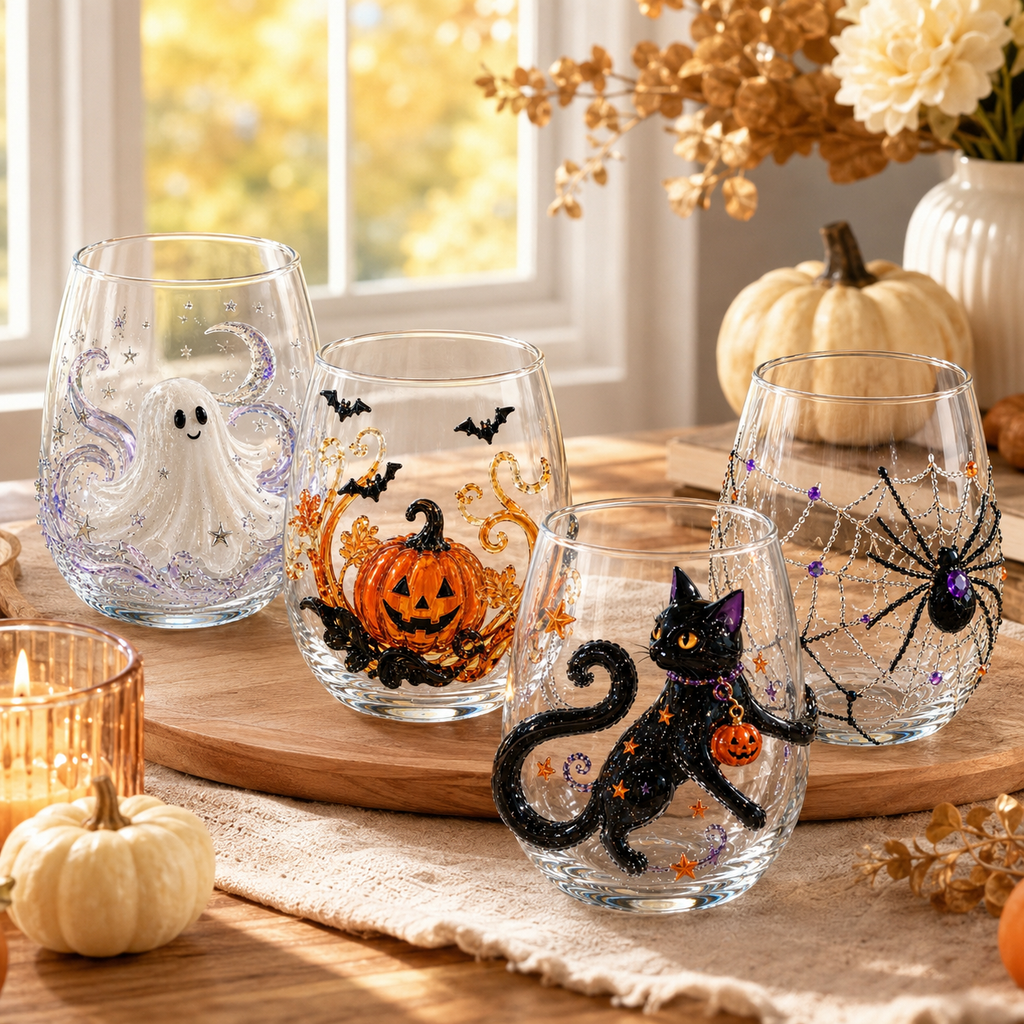 Halloween Glass Cup Set of 4, Embossed-Style Ghost Pumpkin Black Cat Spider Web Drinking Glasses