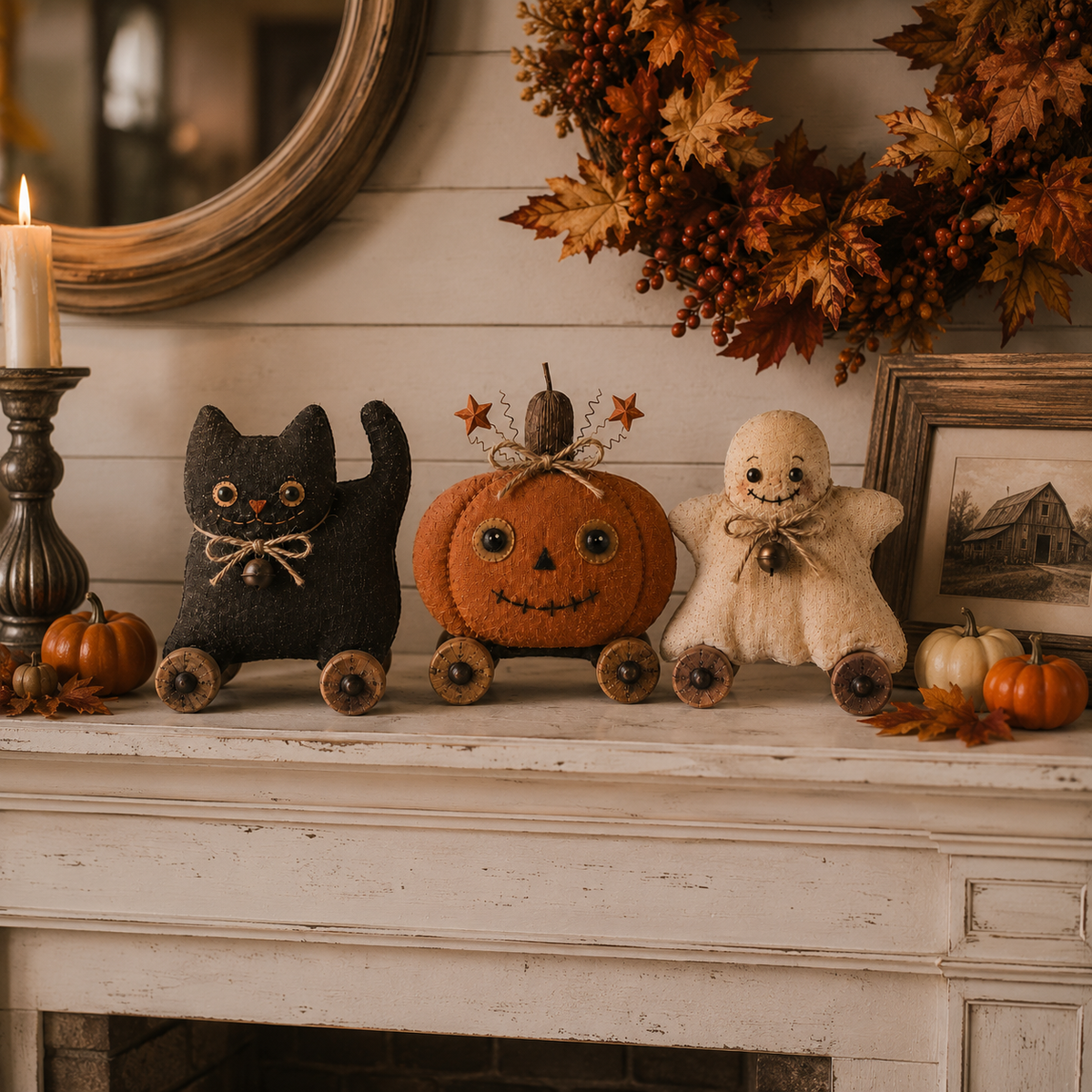 Vintage Cat Pumpkin & Ghost Decor Set