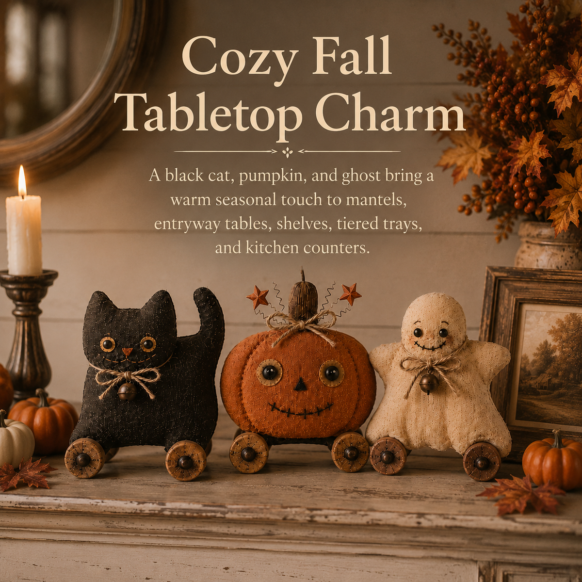 Vintage Cat Pumpkin & Ghost Decor Set