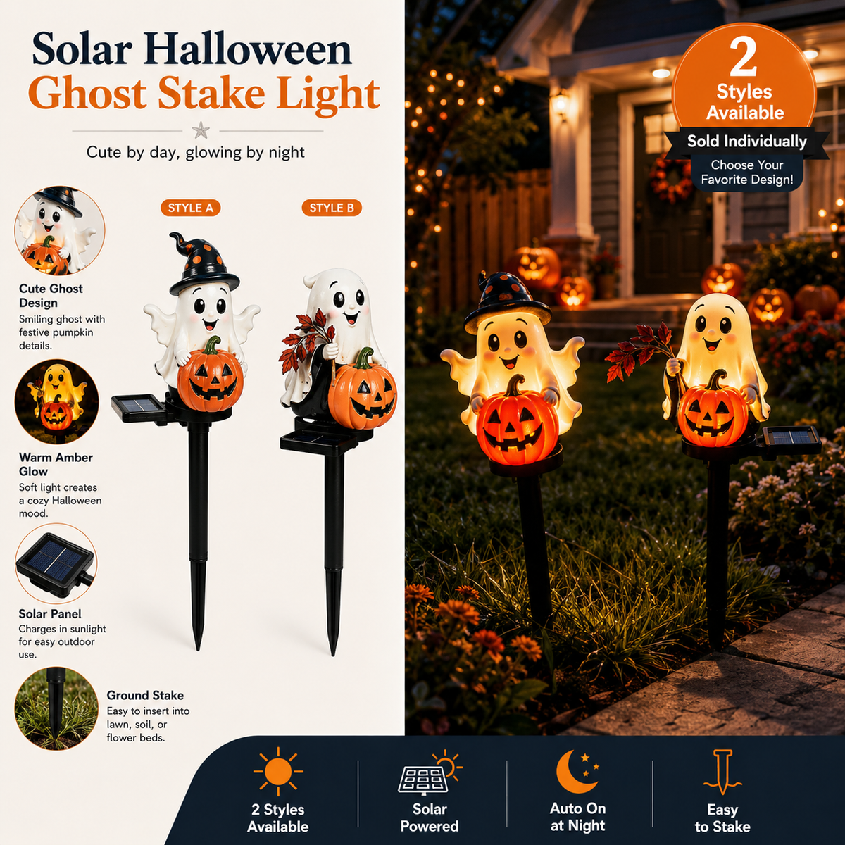 Solar Ghost Pumpkin Stake Light
