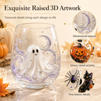 Halloween Glass Cup Set of 4, Embossed-Style Ghost Pumpkin Black Cat Spider Web Drinking Glasses