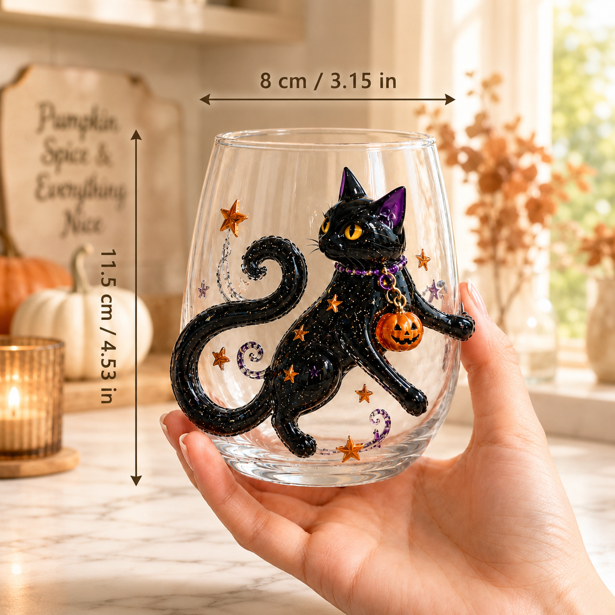 Halloween Glass Cup Set of 4, Embossed-Style Ghost Pumpkin Black Cat Spider Web Drinking Glasses