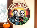 Halloween Door Hanger | Horror Couple Welcome Sign | Killer Friends Heart Hands Decor | Spooky Wall Gift for Halloween Lovers
