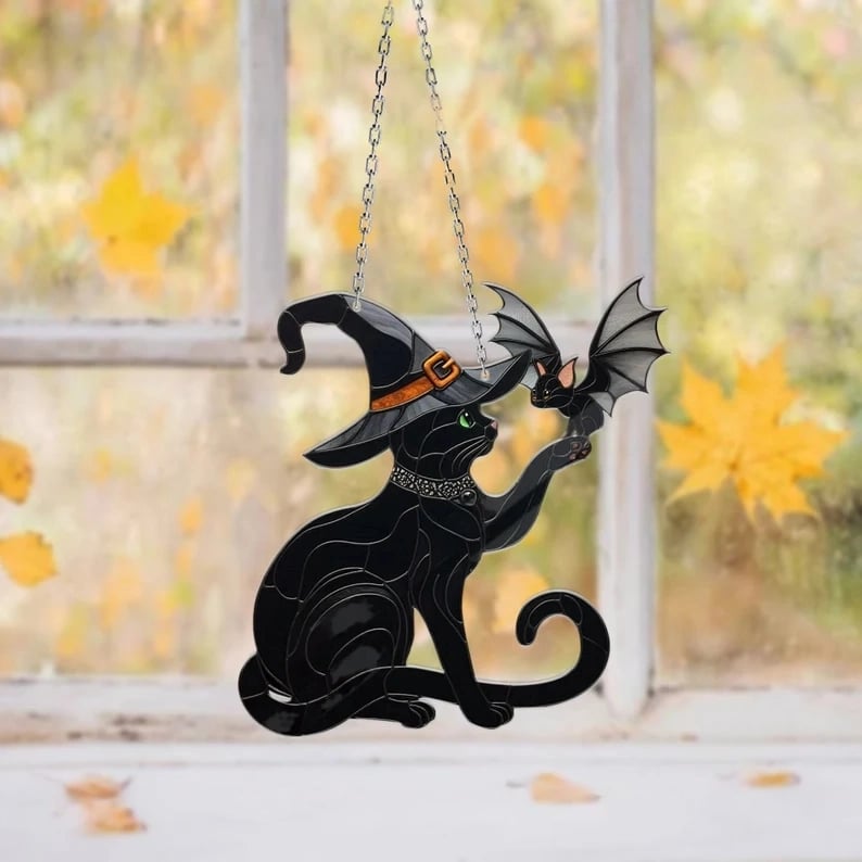 Fall Black Cat Touching Bat Window Hanging