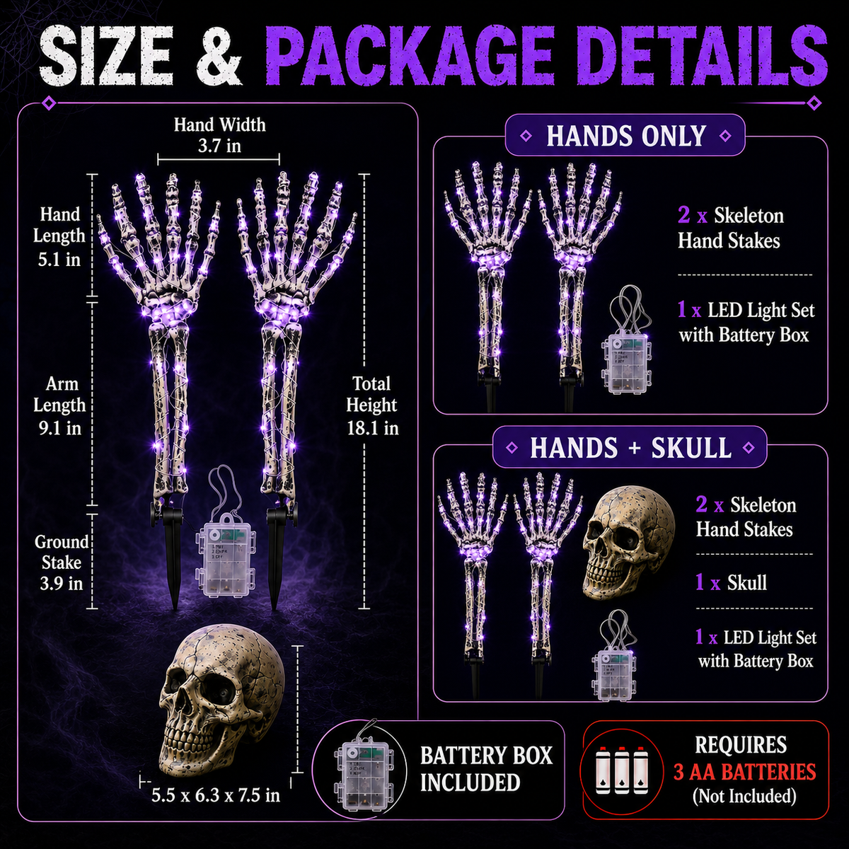 Halloween Skeleton Hands & Skull LED Yard Stakes